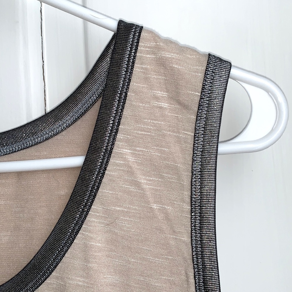 Tank Top. Sleeveless T-shirt. Loose Fit, Heather Cream Color w/ Metallic Trim.